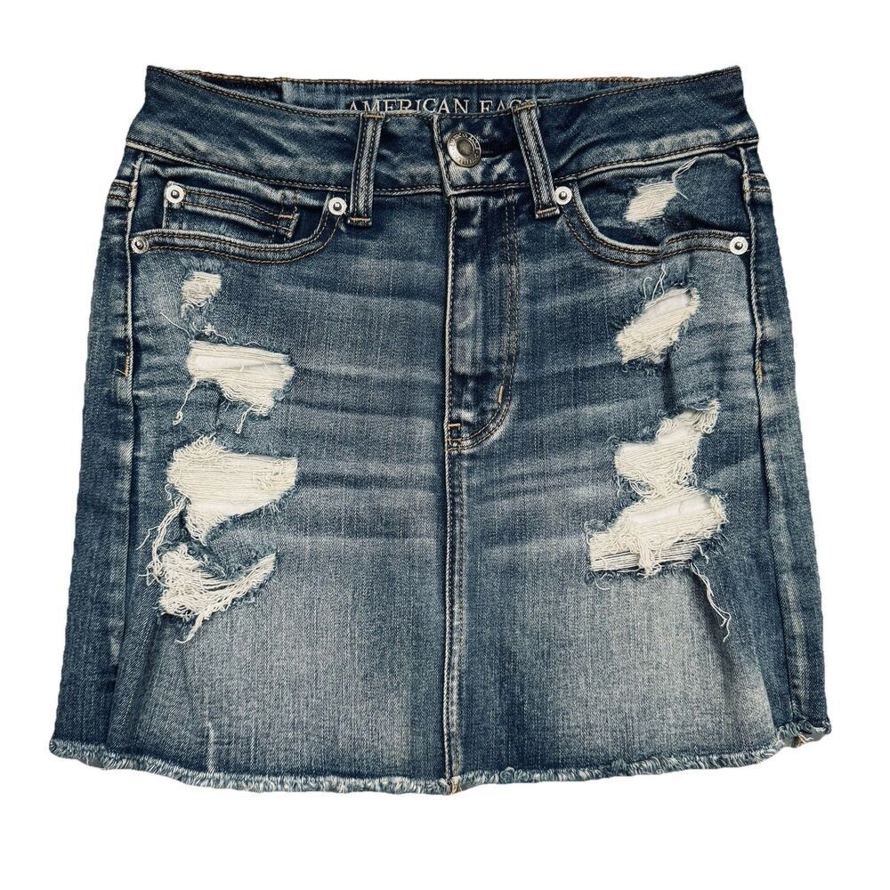 American Eagle Denim Skirt 2 (25x14.5) Next Stretch X Blue Distressed Womens